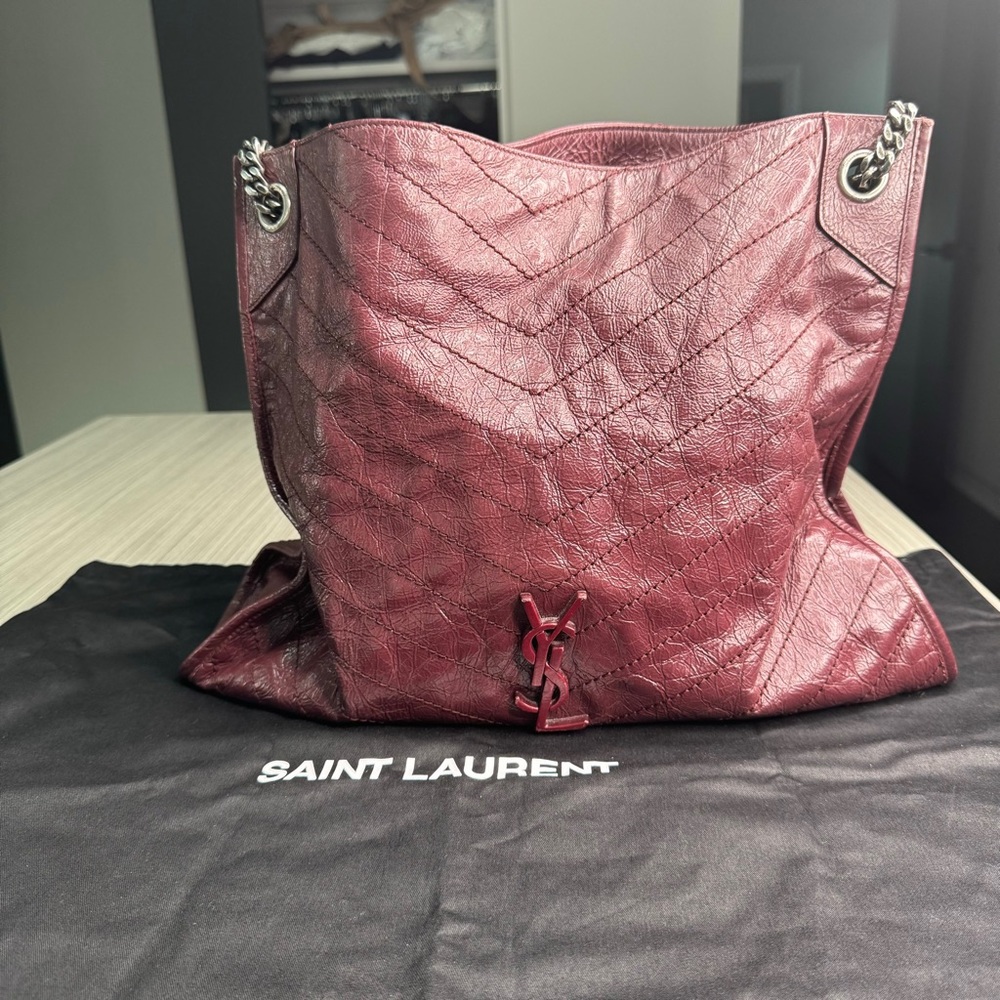 SAINT LAURENT Niki Shopper Tote Crinkled Leather Burgundy Matelasse Monogram MED - Picture 8 of 16